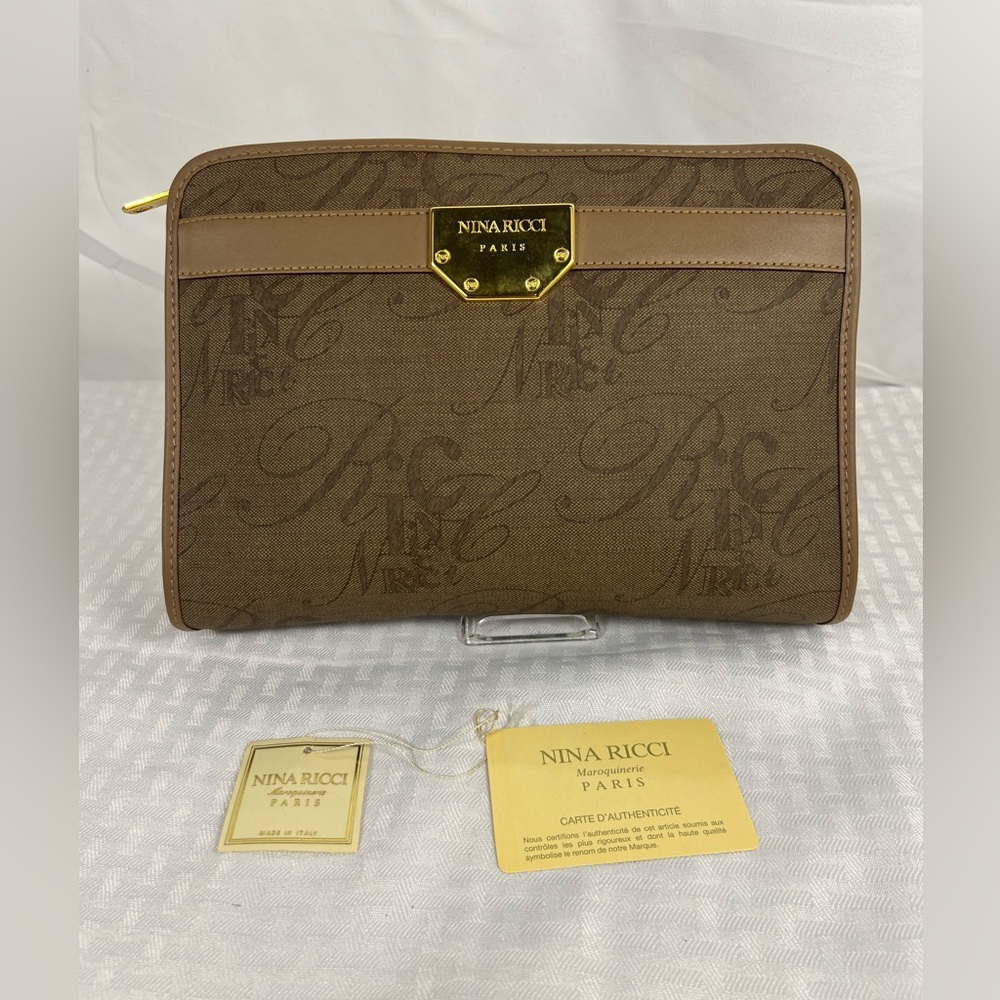 7058: Vintage Nina Ricci Paris Monogram Zip Clutch Pouch Made in Italy